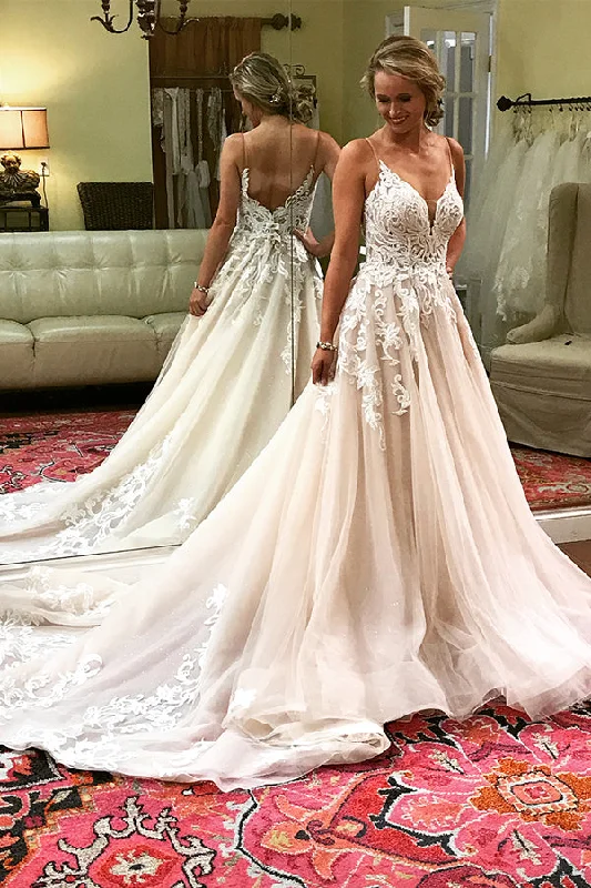Clearance Event Long A-line Spaghetti Strap Ivory Bridal Dress with White Lace