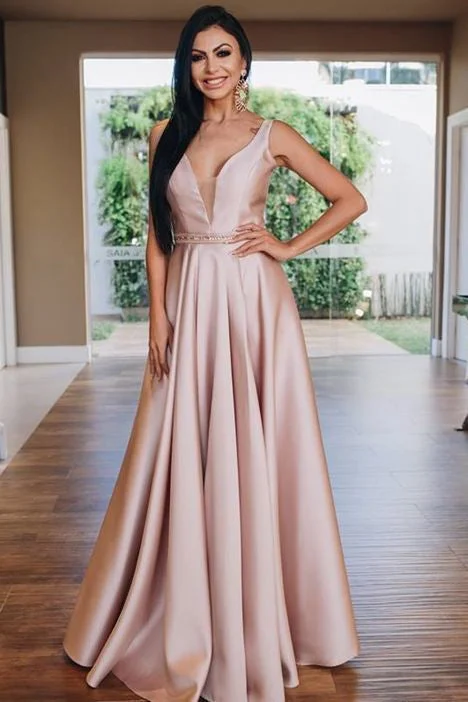 Today’s Deal Elegant V Neck A-Line Beaded Pink Prom Dress