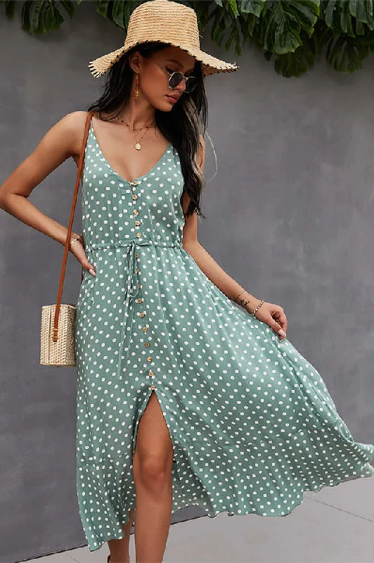 Sale Event Summer Straps Green Dress with Polka Dots