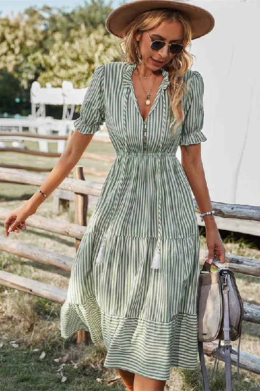 Deal Alert Green V-Neck White Stripes Long Summer Dress
