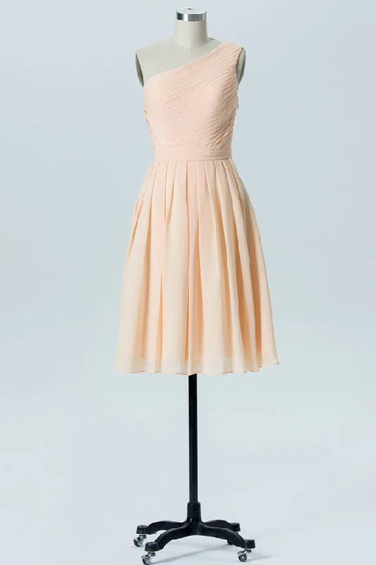 Special Promotion One Shoulder Pleated Short Peach Bridesamaid Dress