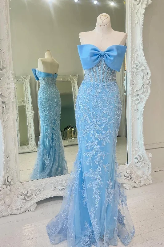 Must-Have Deals Strapless Light Blue Mermaid Long Prom Dress with Bow