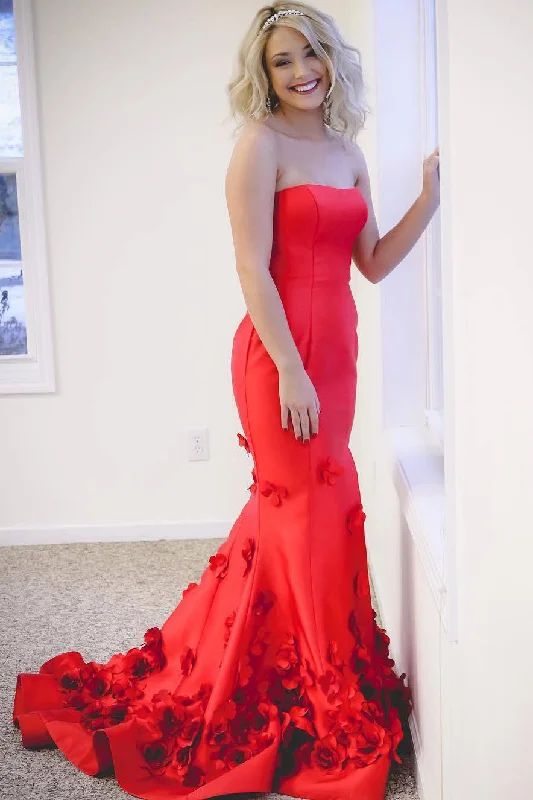 Great Bargains Strapless Mermaid Appliques Long Red Prom Dress