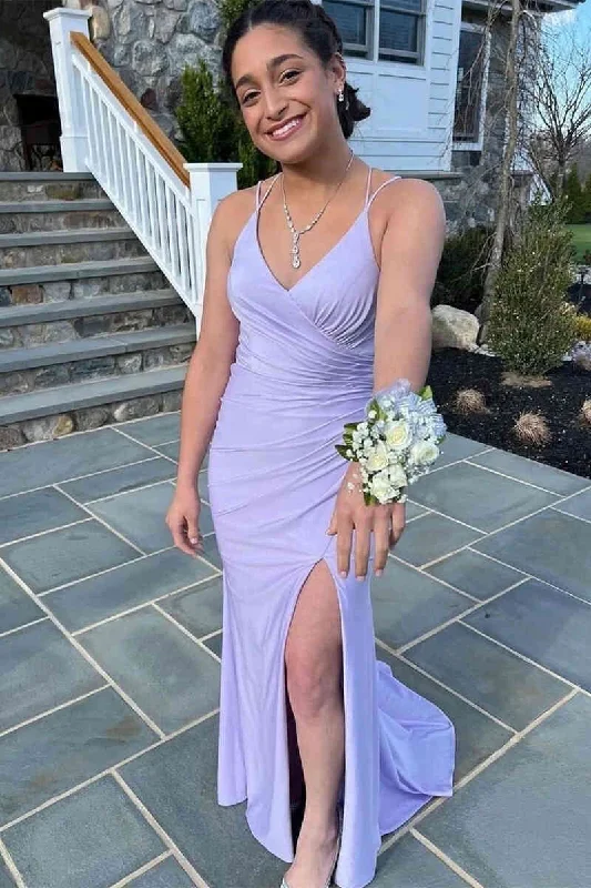 Price Smash Double Straps Lilace Pleated Bridesmaid Dress with Slit