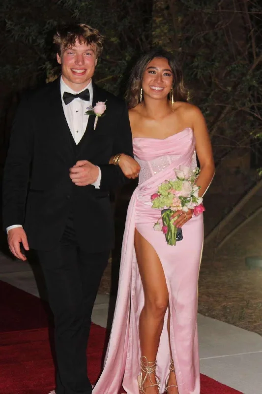 Price Rollback Strapless Pink Satin Fitted Long Formal Dress with Train
