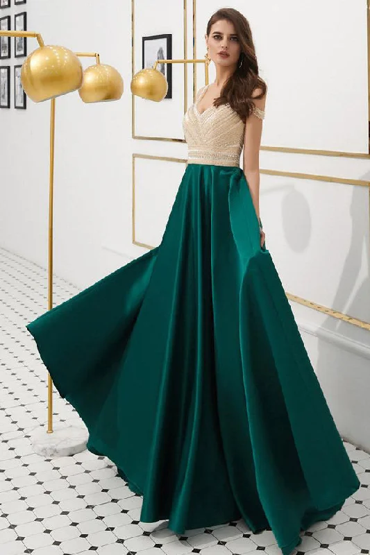 Unbeatable Prices Beading Green Long Prom Dress with Cold Sleeves