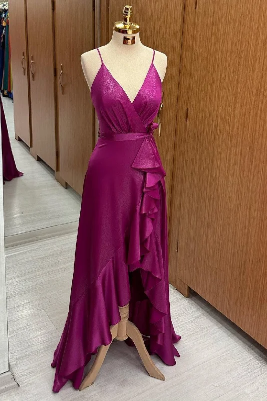 Year-End Clearance V-Neck Straps Fuchsia Hi-Low Bridesmaid Dress with Belt