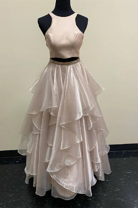 Huge Discounts Two Piece Cascading Ruffles Long Champagne Prom Dress