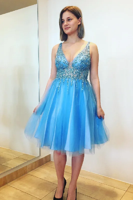 Best Bargains Princess V Neck Knee Length Blue Homecoming Dress