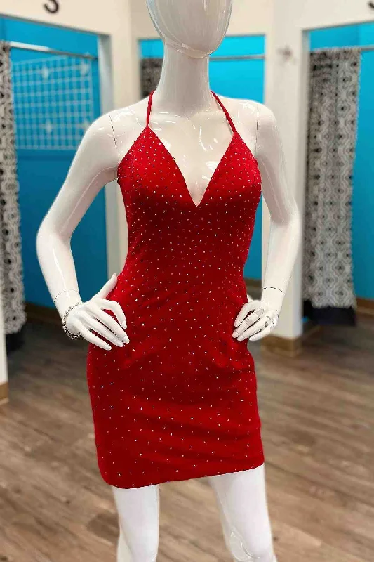 Huge Discounts Crystal Halter Red Short Homecoming Dress