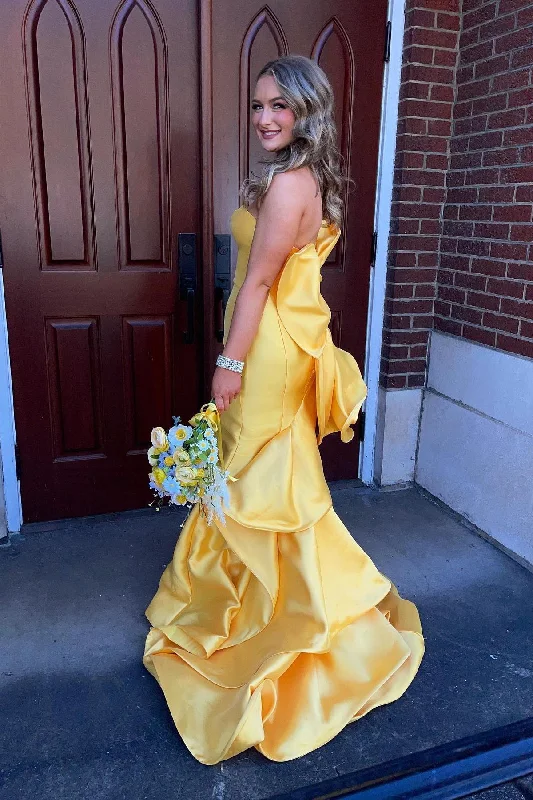 Fantastic Offers Strapless Yellow Mermaid Long Formal Dress with A Bow