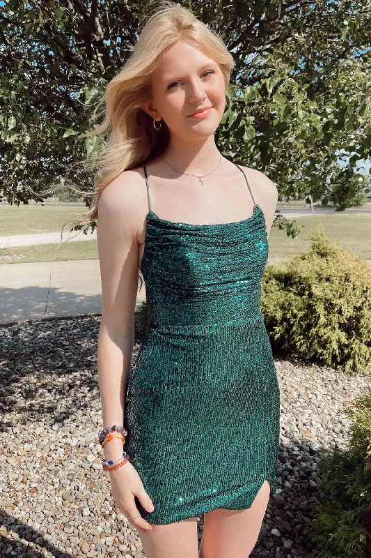 Deal Alert Lace-Up Hunter Green Sequin Bodycon Homecoming Dress