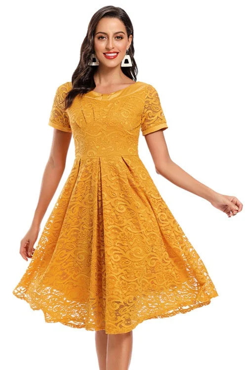 Weekend Deal Yellow Lace Party Dress with Short Sleeves