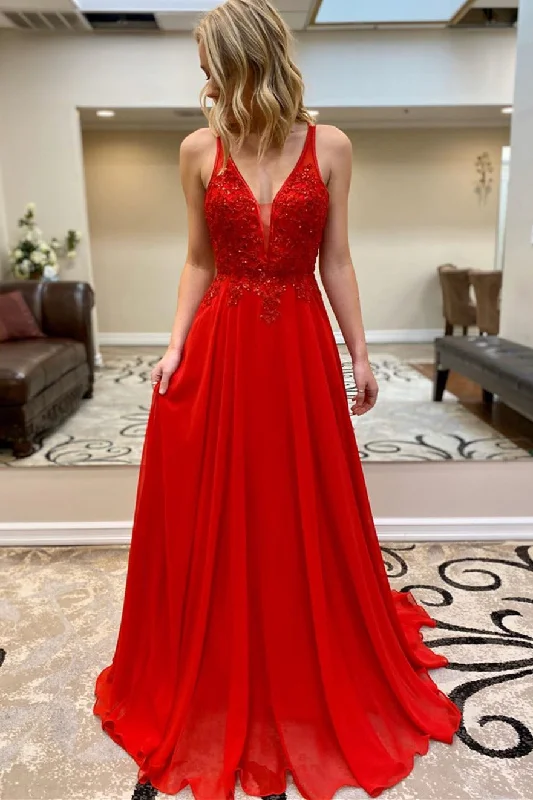 Can't Miss A-line Red Long Chiffon Prom Dress with Beads