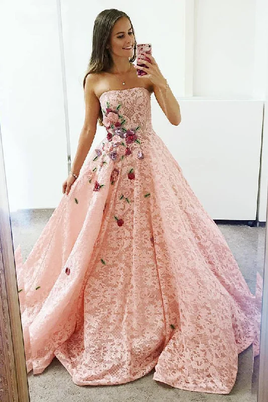 Online Only Strapless Floral Pink Lace Long Ball Gown with Embroidery