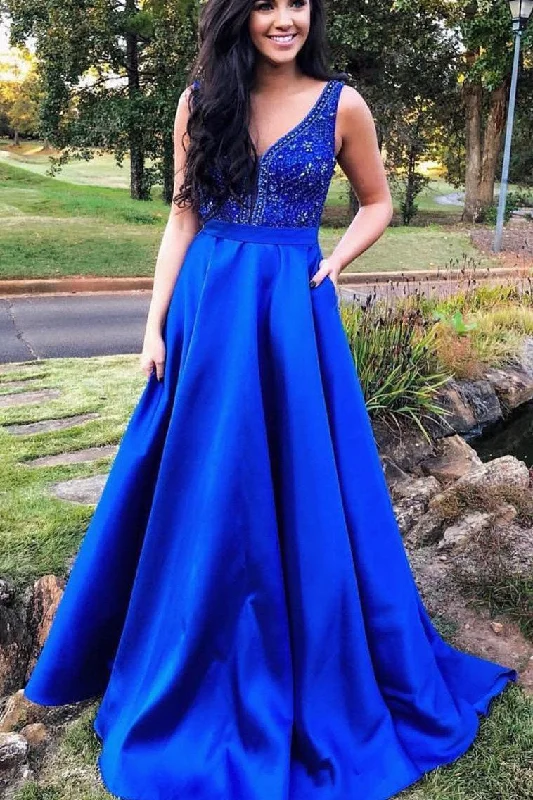 New Deals Straps Satin Royal Blue Long Prom Dress with Beading Top