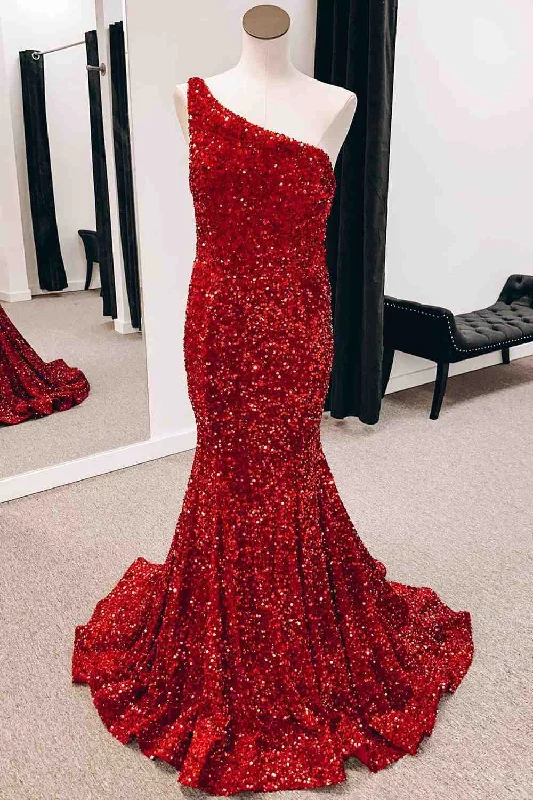 Deal Dash Burgundy One Shoulder Mermiad Sequins Backless Long Prom Dress