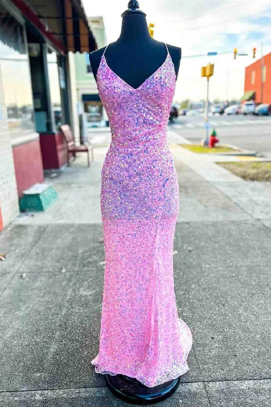 Members Only V-Neck Lace-Up Iridescent Pink Sequins Long Party Dress