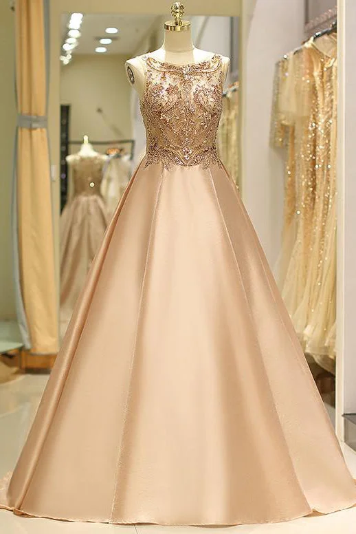 Price Drop Scoop Champagne Beaded Floor Length Prom Gowns