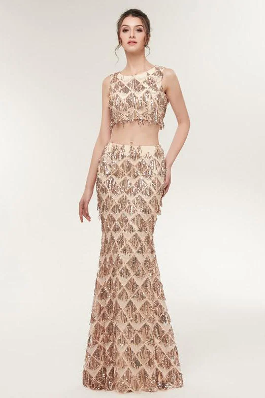 Price Slash Two Piece Mermaid Champagne Gold Long Prom Dress