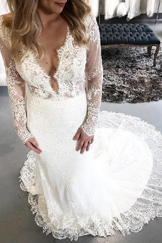 Best Seller Long Sleeves Mermaid V-Neck Ivory Wedding Dress with Lace
