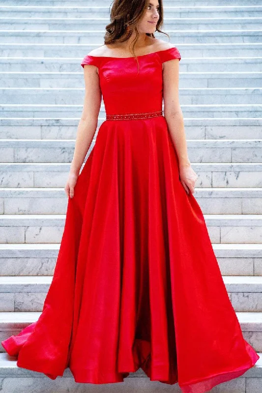 Best Deals Princess Off Shoulder Red Prom Dress with Beading Belt