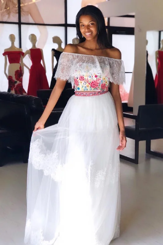 Daily Deals Two Piece Off Shoulder Floral Embroidery White Prom Dress