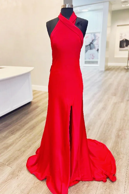Closeout Halter Red Satin Fitted Party Dress with Slit