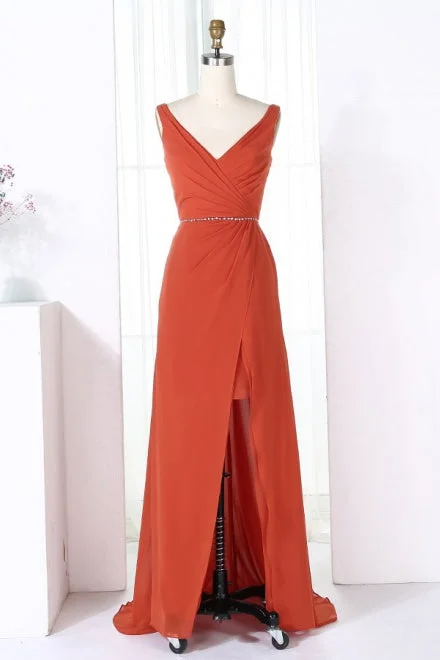 Value Deals V-Neck Burnt Orange Bridesmaid Dress with Beaded Belt