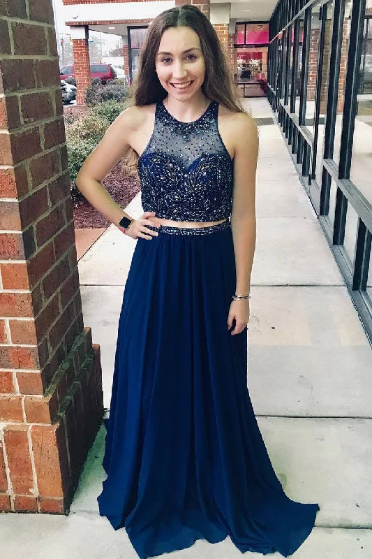 Exclusive Deal Two Piece Jewel Beaded Navy Blue Long Prom Dress with Keyhole Back