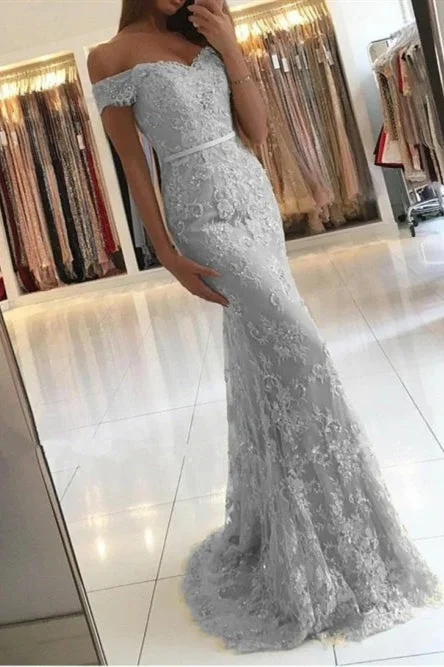Midnight Sale Mermaid Off the Shoulder Long Grey Prom Dress with Lace