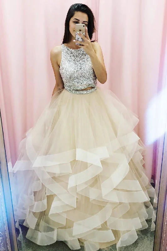 Extra Discounts Princess Two Piece Champagne Prom Dress with Sequins Top