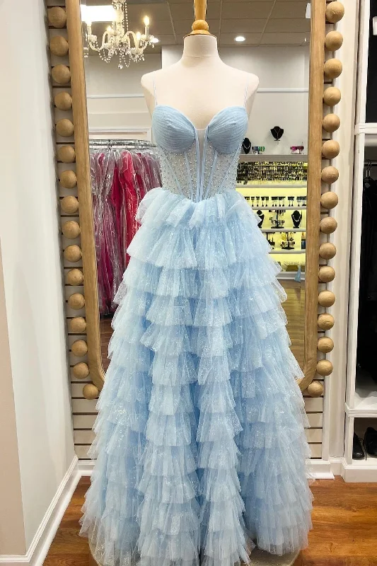 Great Bargains Spaghetti Straps Light Blue Corset A-line Ruffle Gown