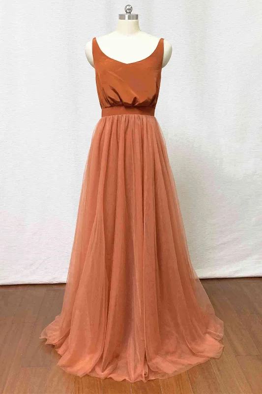 Daily Deals Burnt Orange Scoop Neck Satin Top Long Bridesmaid Dress