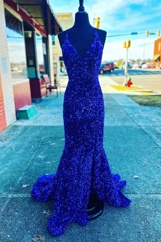 Weekend Flash Sale Straps Mermaid Royal Blue Seqins Long Prom Dress