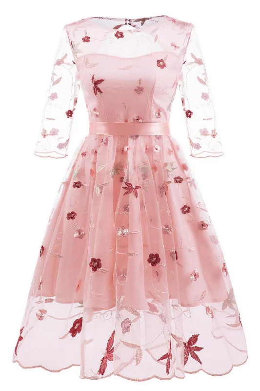 Last Chance Vintage Pearl Pink Embroidery Party Dress with Illusion Sleeves