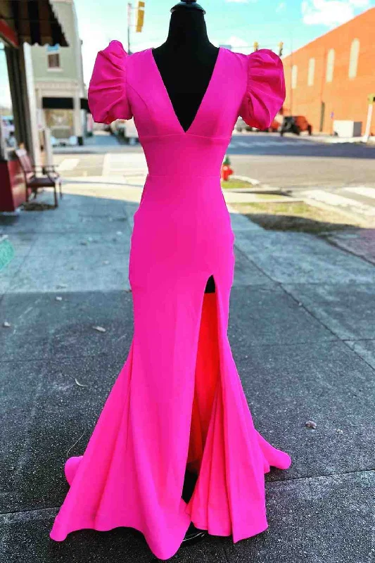 Exclusive Access Deep V-Neck Hot Pink Mermaid Long Prom Dress with Balloon Sleeves