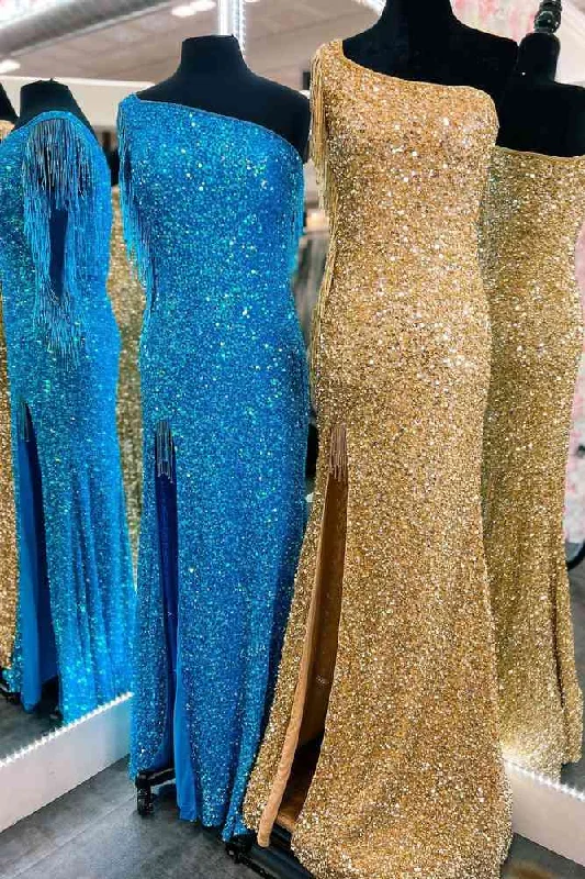Savings Event Mermaid One Shoulder Sequins Long Prom Dress with Fringe Sleeves