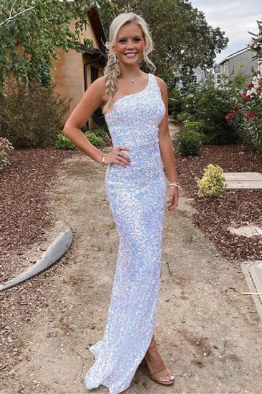 Amazing Deals One Shoulder Side Slit White Sequins Long Prom Gown