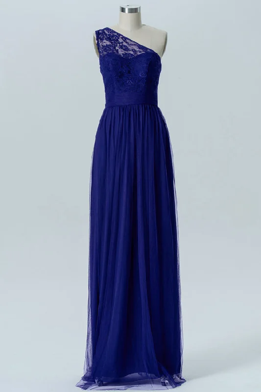 Bargain Bin One-Shoulder Lace Royal Blue Bridesmaid Dress