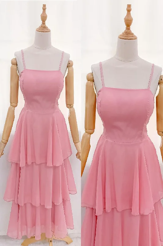 Act Fast Straps Pink Chiffon Tiered Maxi Dress