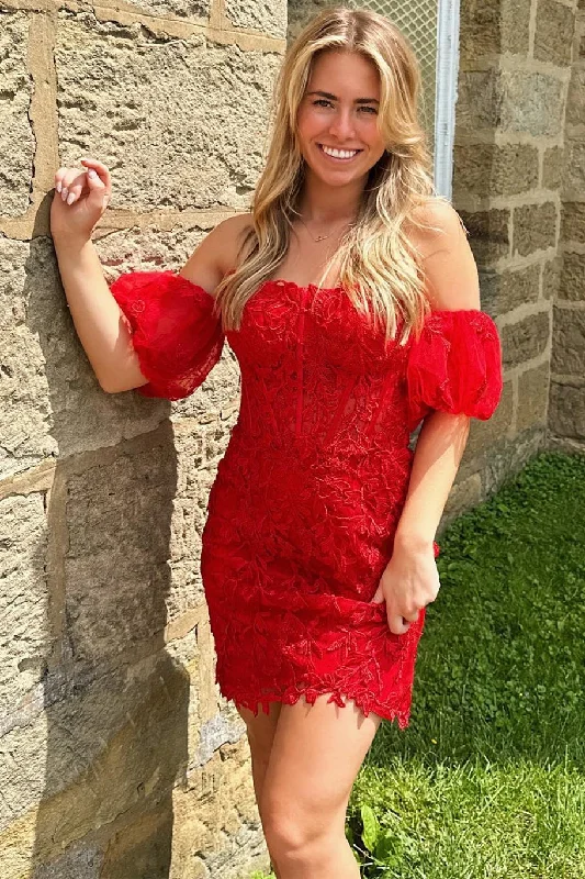 Super Savings Red Off-the-Shoulder Appliques Tulle Tight Homecoming Dress