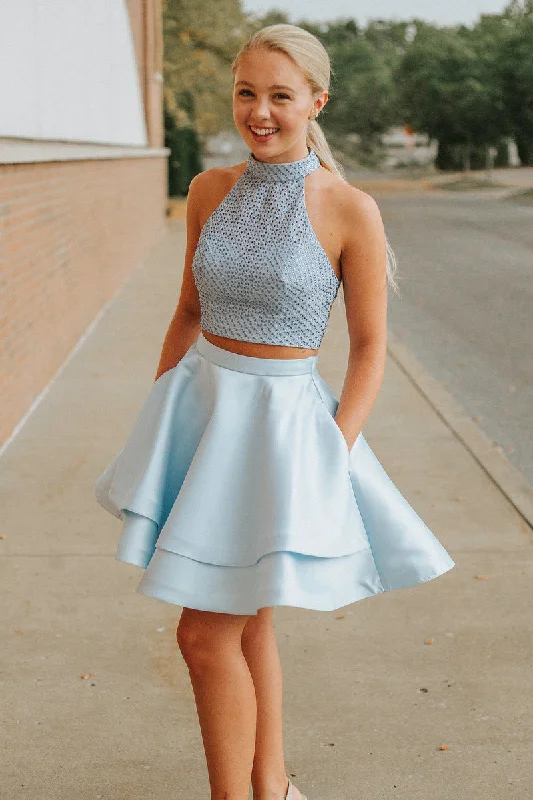Big Discounts Two Piece Short Light Sky Blue Homecoming Dress with Pockets