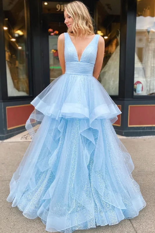 Today's Special A-line V-Neck Long Sky Blue Prom Dress with Ruffles