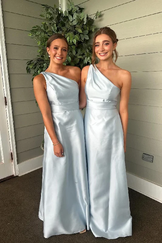 Limited Availability One Shoulder Light Blue Satin A-line Bridesmaid Dress