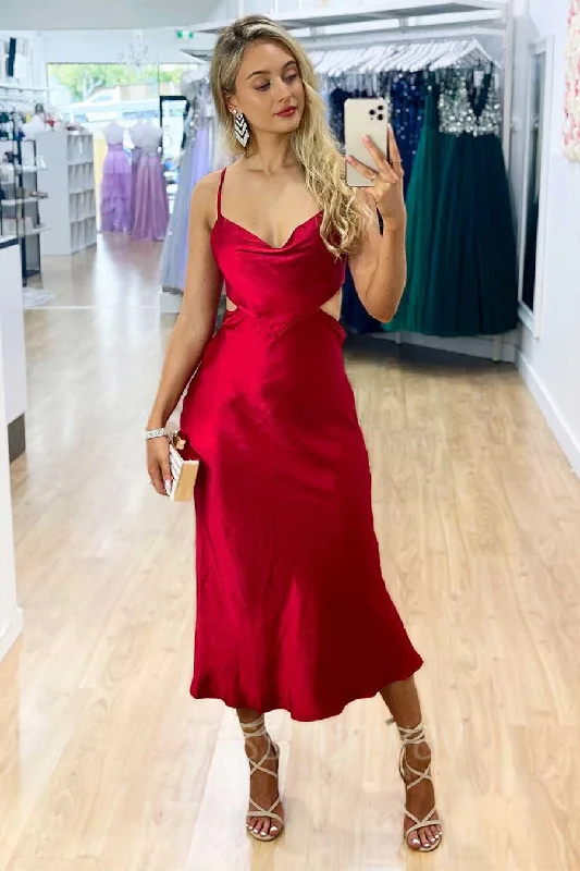 Markdowns Elegant Straps Red Satin Midi Prom Dress