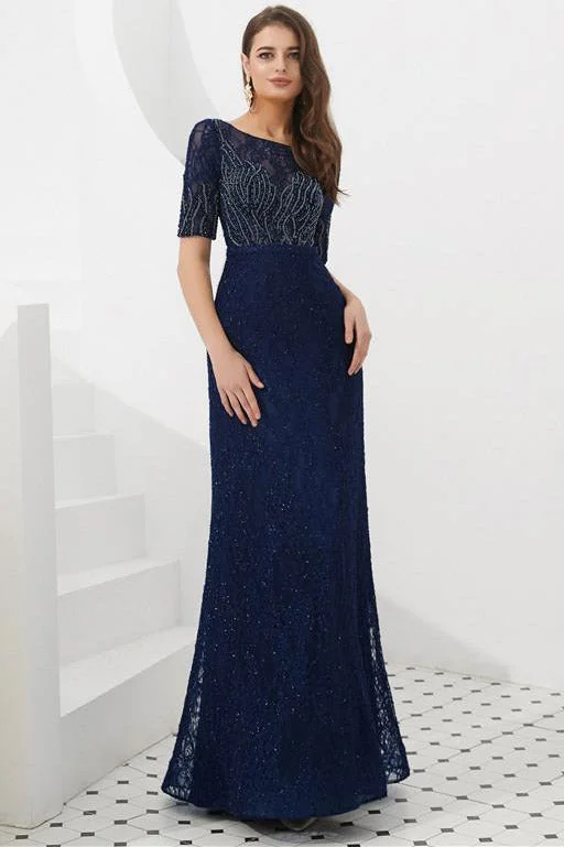 Markdowns Navy Blue Beaded Long Prom Dress with Half Sleeves