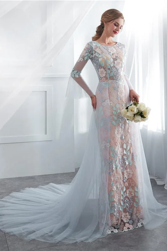 Bonus Savings Elegant Illusion Sleeves Sheath Floral Long Formal Dress with Train