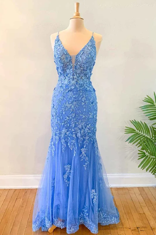 Discount Extravaganza Mermaid Sky Blue Tulle Long Formal Dress with Appliques
