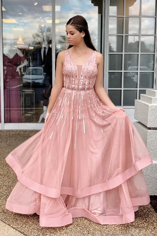 Special Discount Tiered Sequins Long Blush Pink Prom Dress
